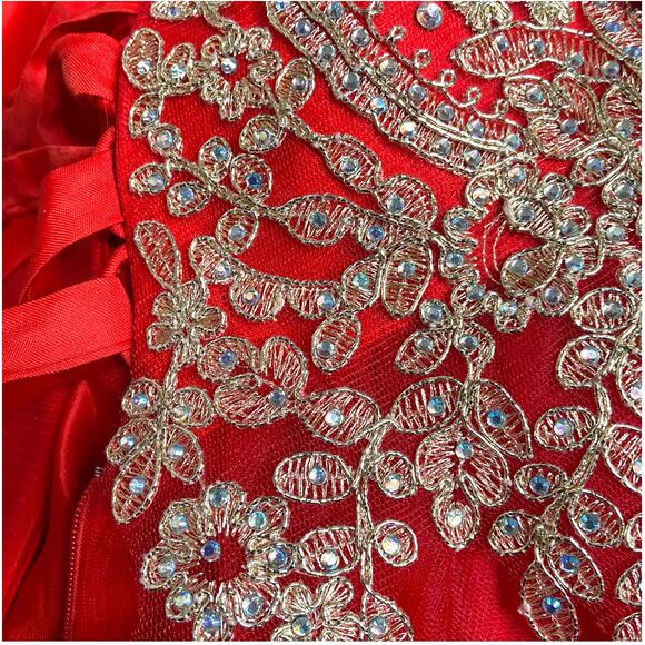 Red Fit & Flare Short Prom Dress size 0 2 4 Corset Back Gold Lace Tulle - Picture 5 of 5